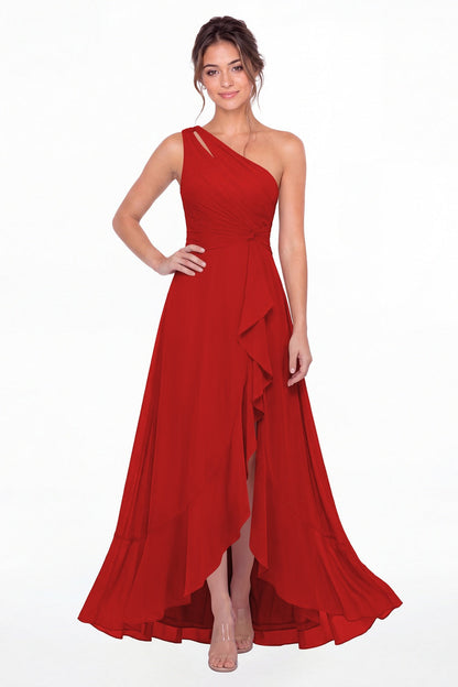 Red One Shoulder Ruched Chiffon Ruffle Slit Maxi Gown - Front View