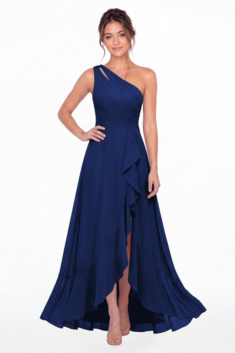 Royal Blue One Shoulder Ruched Chiffon Ruffle Slit Maxi Gown - Front View