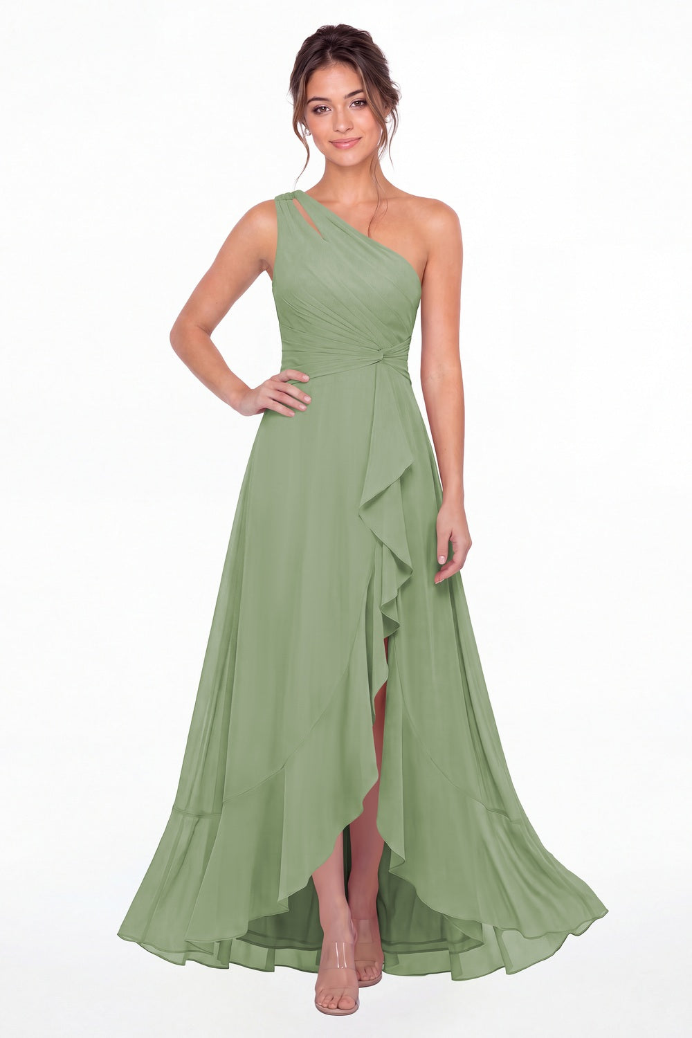 Sage Green One Shoulder Ruched Chiffon Ruffle Slit Maxi Gown - Front View