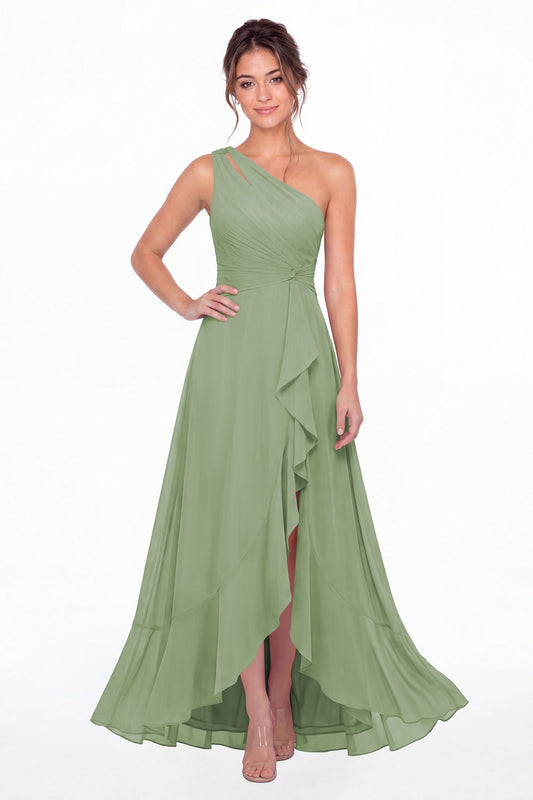 Sage Green One Shoulder Ruched Chiffon Ruffle Slit Maxi Gown - Front View