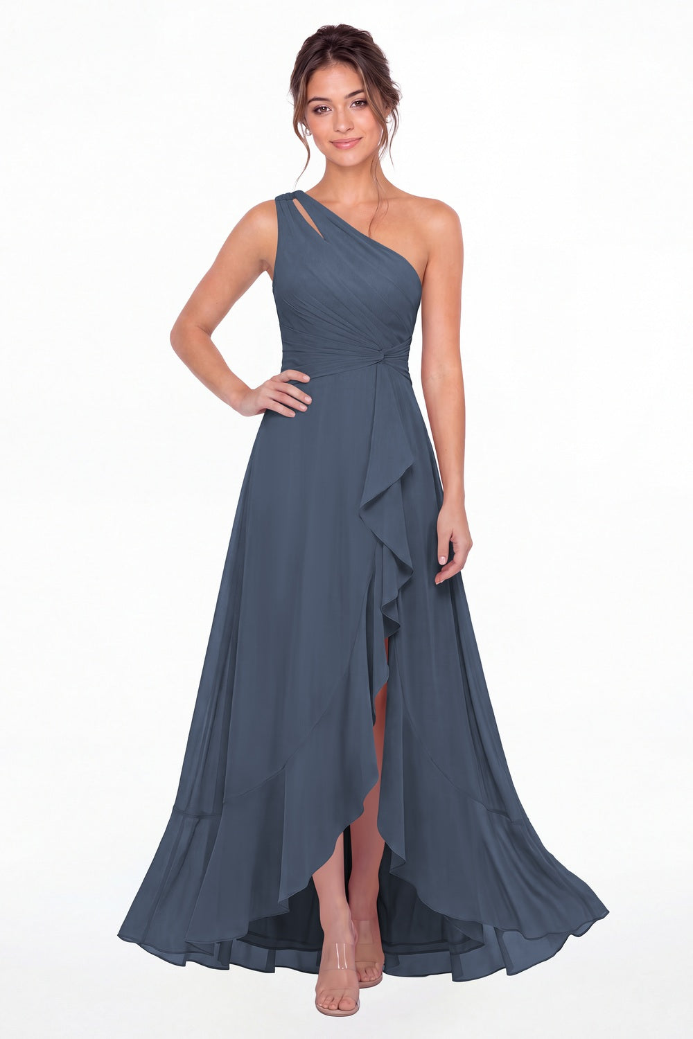 Steel Blue One Shoulder Ruched Chiffon Ruffle Slit Maxi Gown - Front View