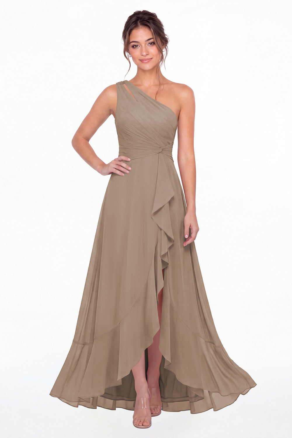 Taupe One Shoulder Ruched Chiffon Ruffle Slit Maxi Gown - Front View