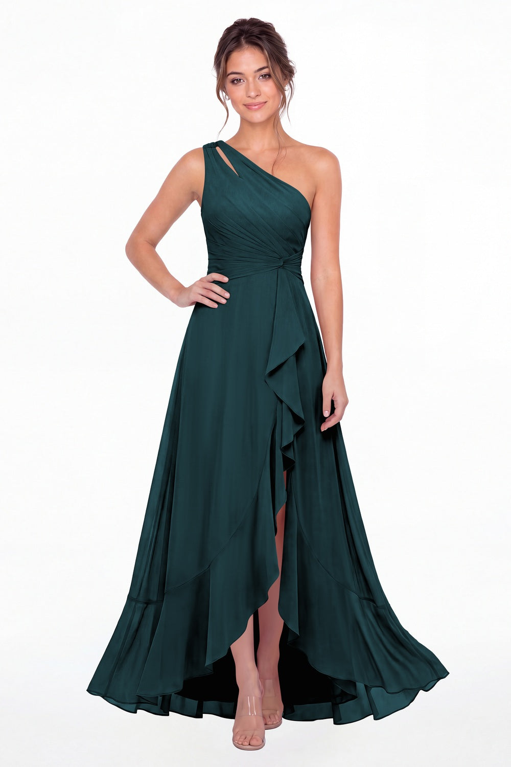 Teal One Shoulder Ruched Chiffon Ruffle Slit Maxi Gown - Front View