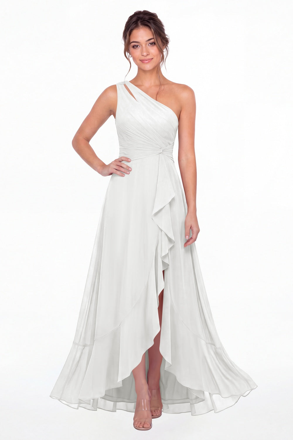 White One Shoulder Ruched Chiffon Ruffle Slit Maxi Gown - Front View