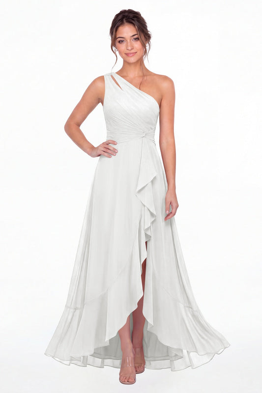 White One Shoulder Ruched Chiffon Ruffle Slit Maxi Gown - Front View