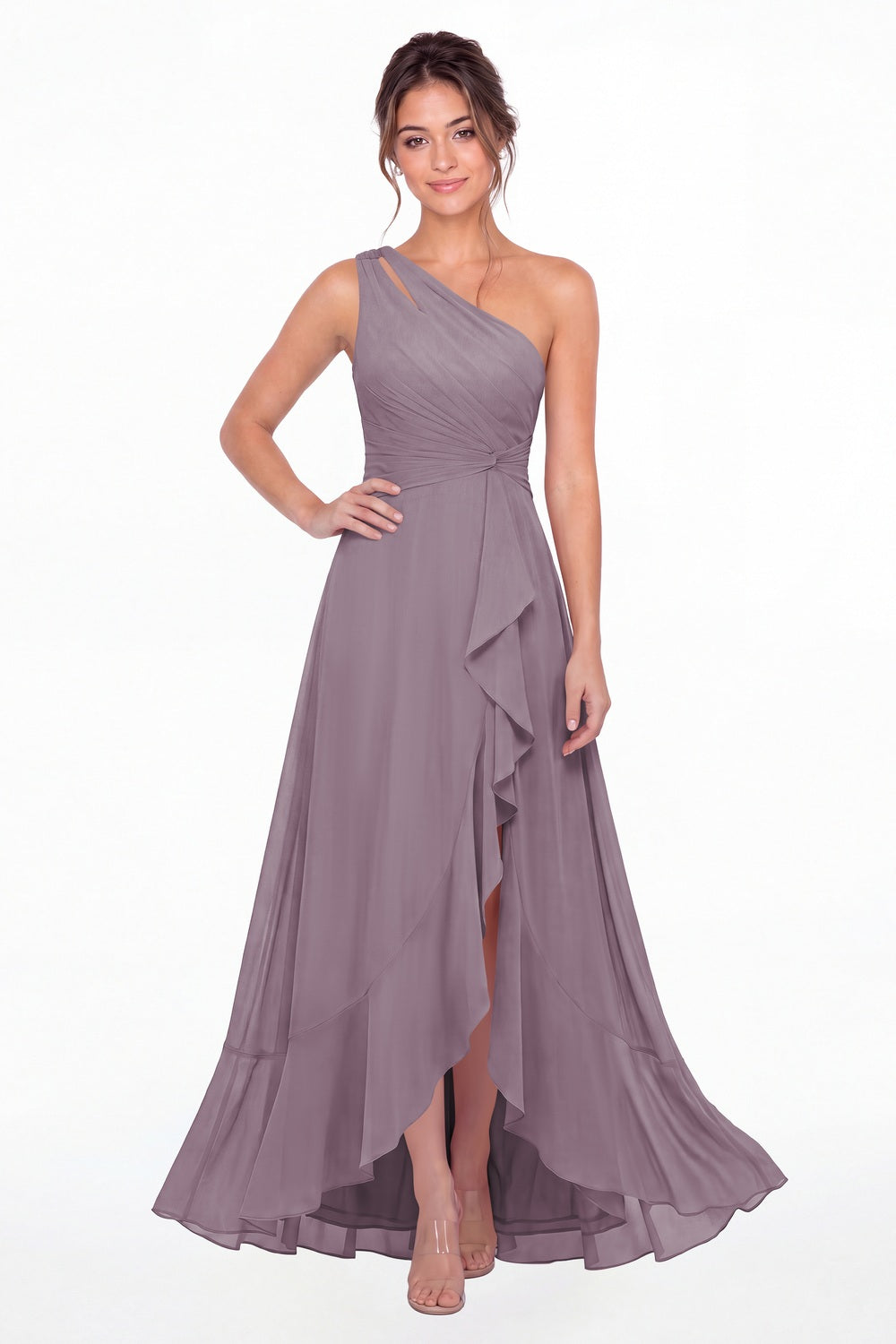 Wisteria One Shoulder Ruched Chiffon Ruffle Slit Maxi Gown - Front View