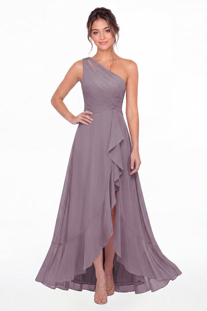 Wisteria One Shoulder Ruched Chiffon Ruffle Slit Maxi Gown - Front View
