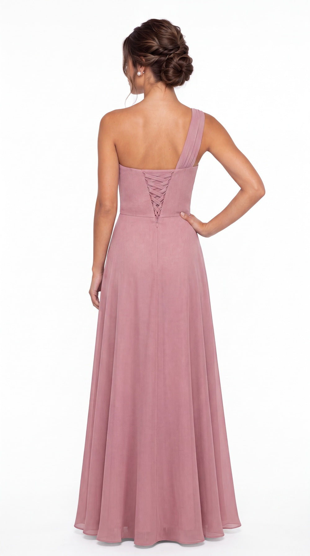 One Shoulder Ruched Chiffon Ruffle Slit Maxi Gown - Back View