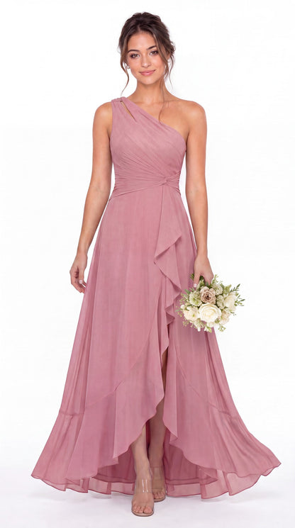 One Shoulder Ruched Chiffon Ruffle Slit Maxi Gown - Detail View 1