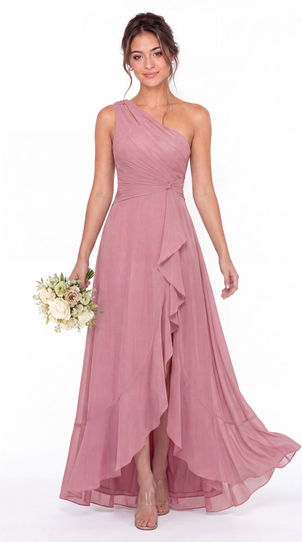 One Shoulder Ruched Chiffon Ruffle Slit Maxi Gown - Detail View 2