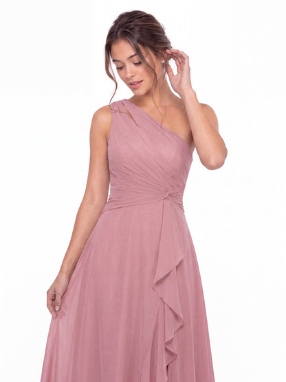 One Shoulder Ruched Chiffon Ruffle Slit Maxi Gown - Detail View 3