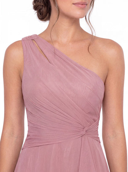 One Shoulder Ruched Chiffon Ruffle Slit Maxi Gown - Detail View 4