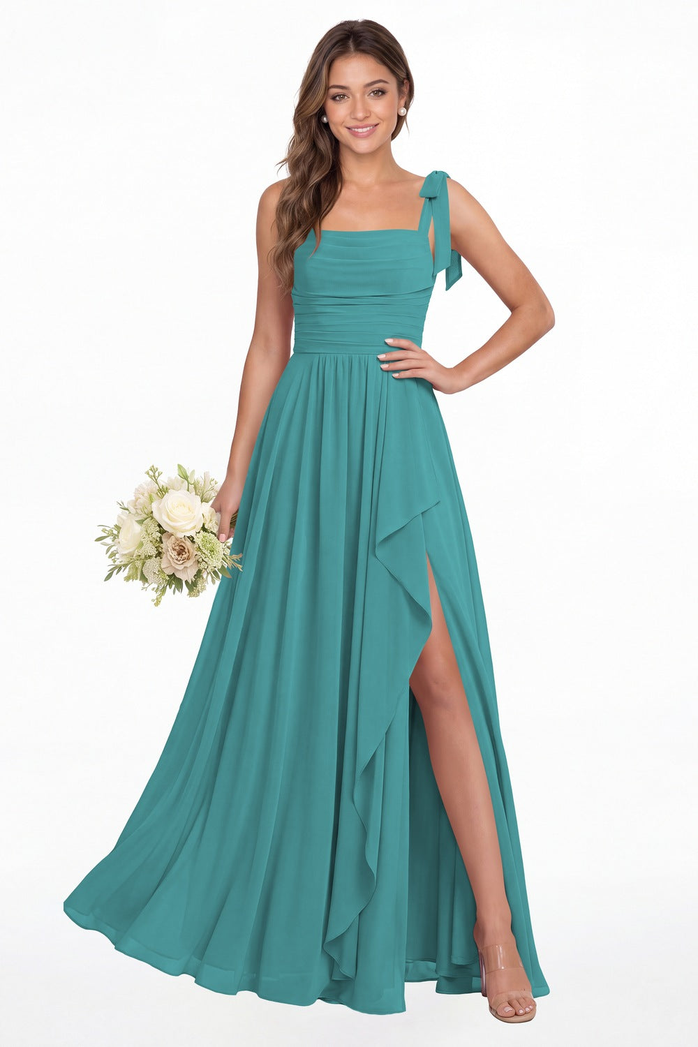 Aqua Blue Square Neck Tie Strap Ruched Chiffon Ruffle Slit Maxi Gown - Front View