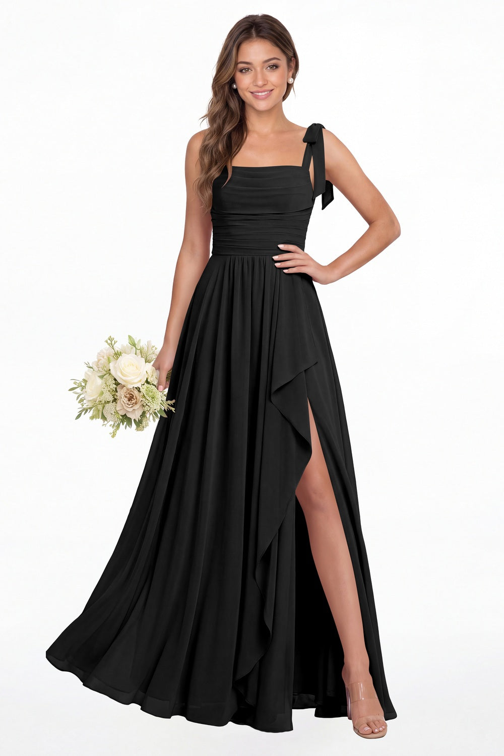 Black Square Neck Tie Strap Ruched Chiffon Ruffle Slit Maxi Gown - Front View