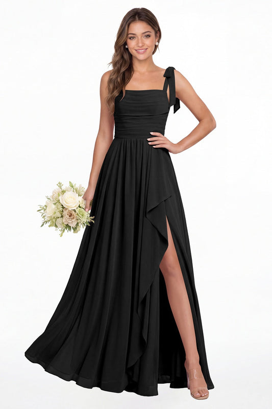 Black Square Neck Tie Strap Ruched Chiffon Ruffle Slit Maxi Gown - Front View