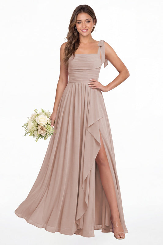 Blush Pink Square Neck Tie Strap Ruched Chiffon Ruffle Slit Maxi Gown - Front View