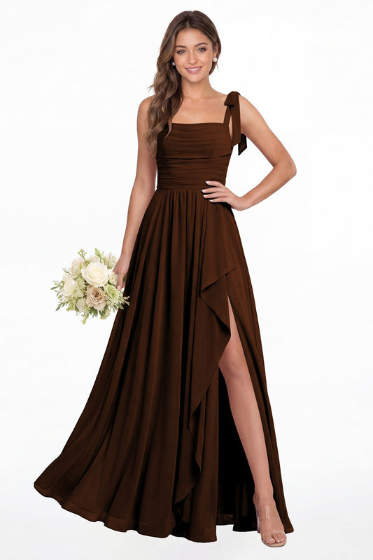 Brown Square Neck Tie Strap Ruched Chiffon Ruffle Slit Maxi Gown - Front View