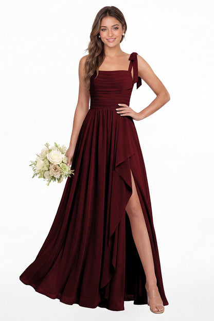 Burgundy Square Neck Tie Strap Ruched Chiffon Ruffle Slit Maxi Gown - Front View