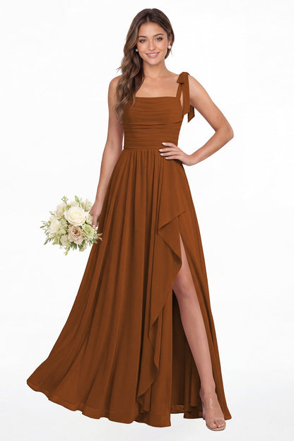 Burnt Orange Square Neck Tie Strap Ruched Chiffon Ruffle Slit Maxi Gown - Front View