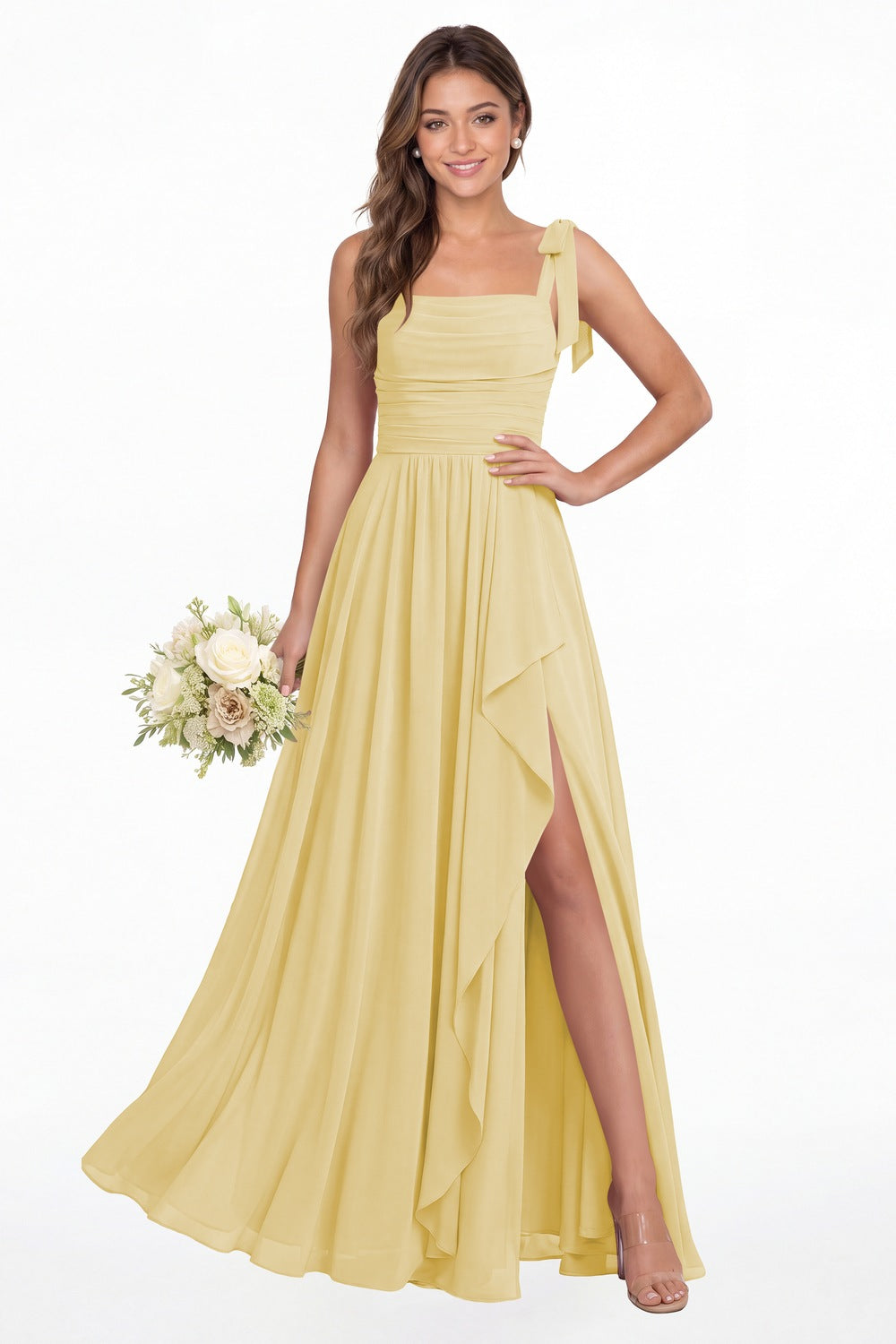Butter Yellow Square Neck Tie Strap Ruched Chiffon Ruffle Slit Maxi Gown - Front View