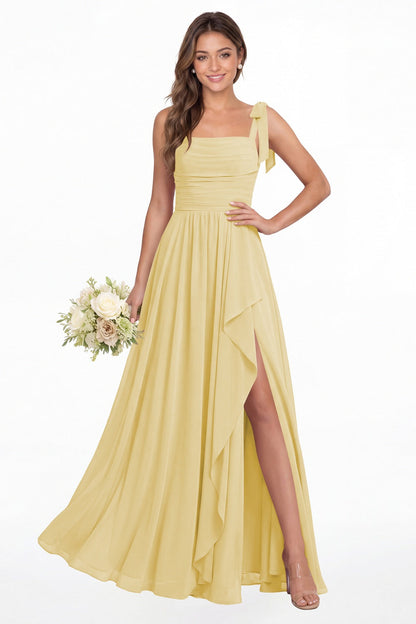 Butter Yellow Square Neck Tie Strap Ruched Chiffon Ruffle Slit Maxi Gown - Front View