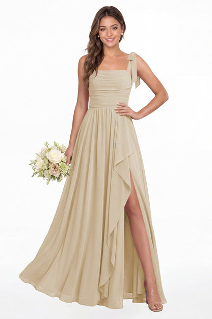 Champagne Square Neck Tie Strap Ruched Chiffon Ruffle Slit Maxi Gown - Front View