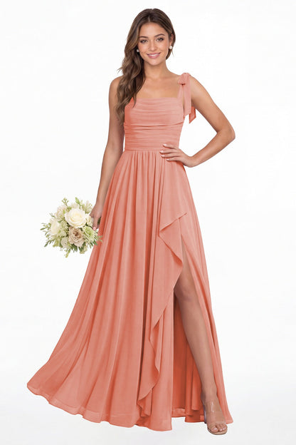 Coral Square Neck Tie Strap Ruched Chiffon Ruffle Slit Maxi Gown - Front View