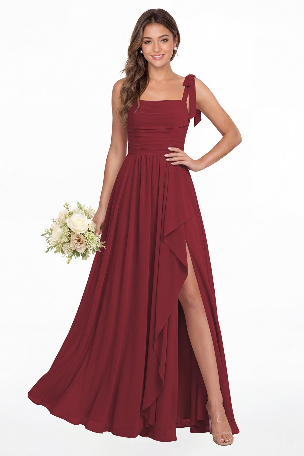 Desert Rose Square Neck Tie Strap Ruched Chiffon Ruffle Slit Maxi Gown - Front View