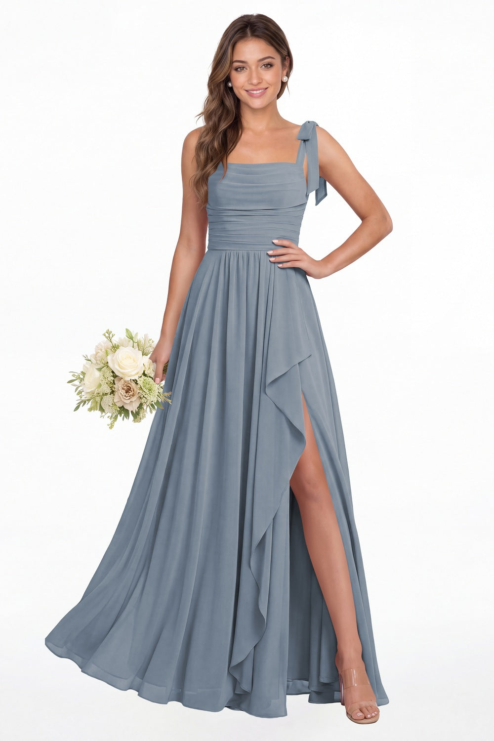 Dusty Blue Square Neck Tie Strap Ruched Chiffon Ruffle Slit Maxi Gown - Front View