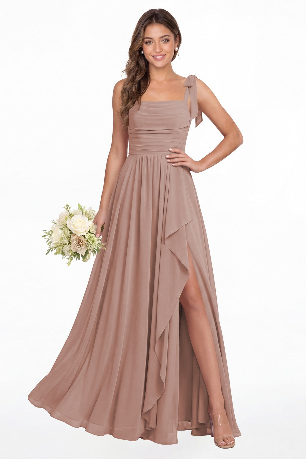 Dusty Rose Square Neck Tie Strap Ruched Chiffon Ruffle Slit Maxi Gown - Front View