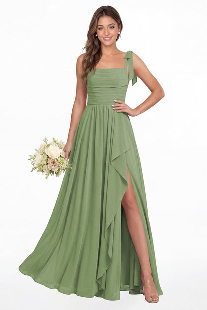 Dusty Sage Square Neck Tie Strap Ruched Chiffon Ruffle Slit Maxi Gown - Front View