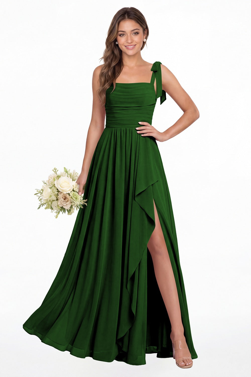 Emerald Green Square Neck Tie Strap Ruched Chiffon Ruffle Slit Maxi Gown - Front View