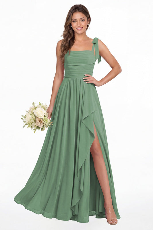 Eucalyptus Square Neck Tie Strap Ruched Chiffon Ruffle Slit Maxi Gown - Front View