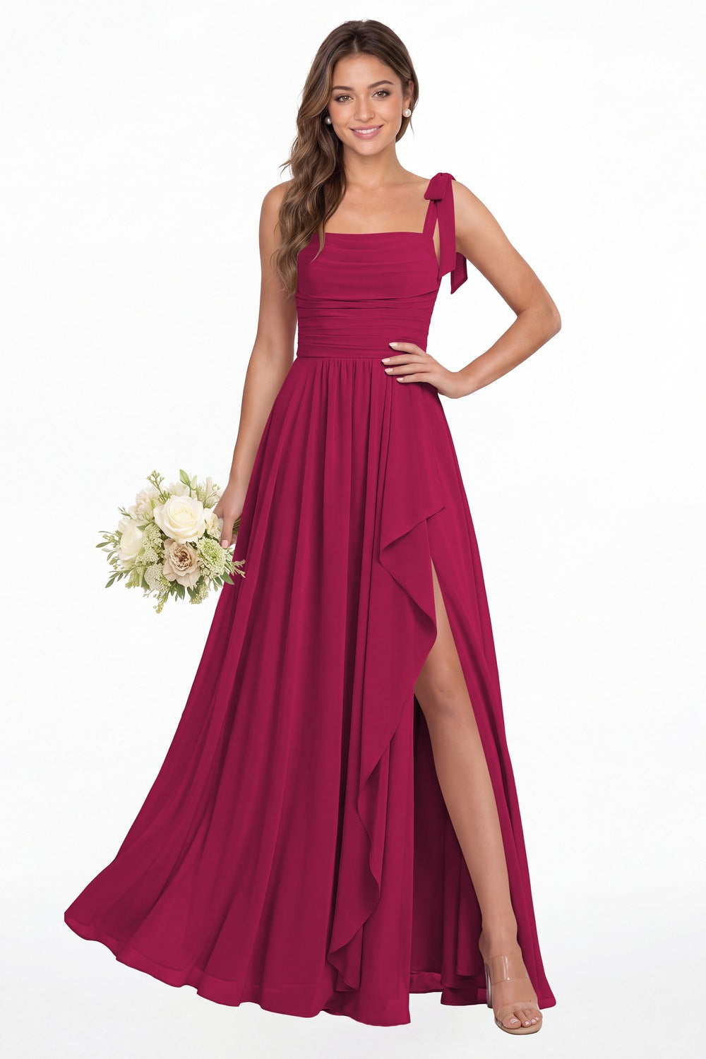 Fuchsia Square Neck Tie Strap Ruched Chiffon Ruffle Slit Maxi Gown - Front View