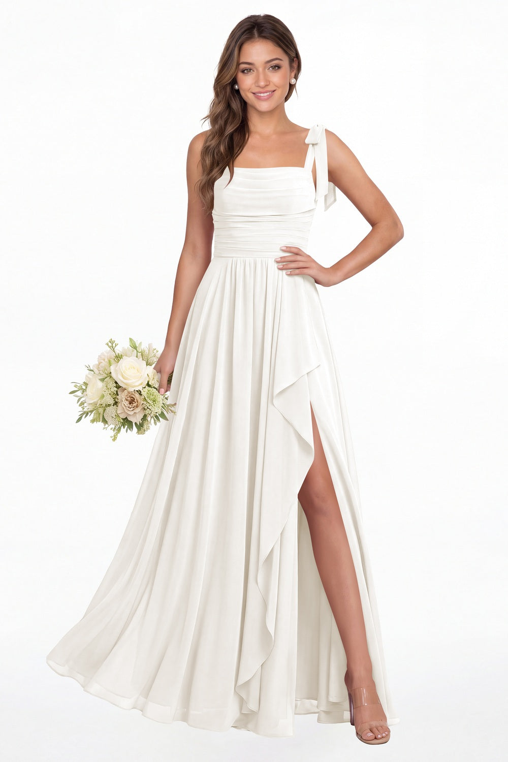 Ivory Square Neck Tie Strap Ruched Chiffon Ruffle Slit Maxi Gown - Front View