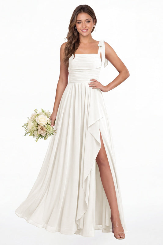 Ivory Square Neck Tie Strap Ruched Chiffon Ruffle Slit Maxi Gown - Front View