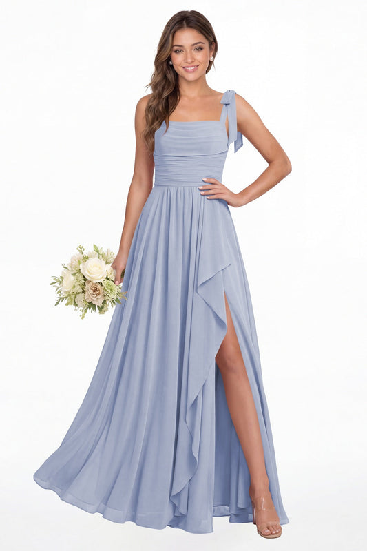 Lavender Square Neck Tie Strap Ruched Chiffon Ruffle Slit Maxi Gown - Front View