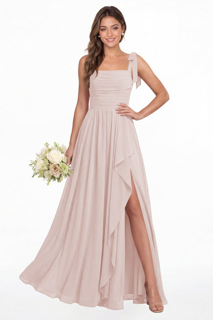 Light Pink Square Neck Tie Strap Ruched Chiffon Ruffle Slit Maxi Gown - Front View