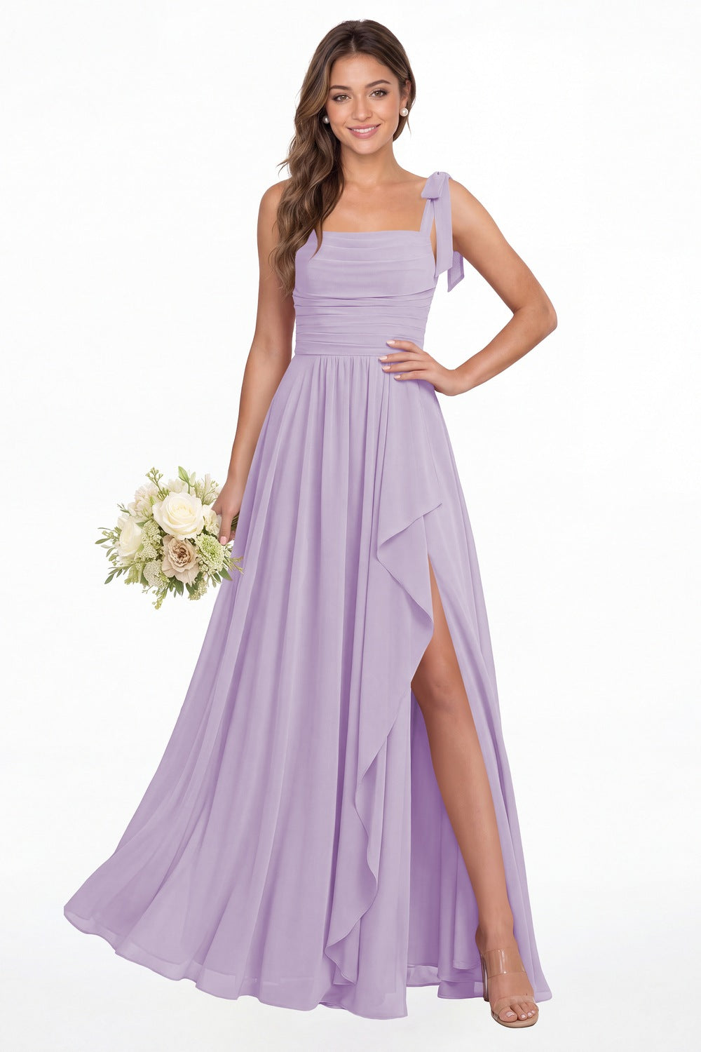 Lilac Square Neck Tie Strap Ruched Chiffon Ruffle Slit Maxi Gown - Front View