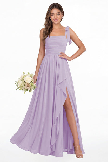Lilac Square Neck Tie Strap Ruched Chiffon Ruffle Slit Maxi Gown - Front View