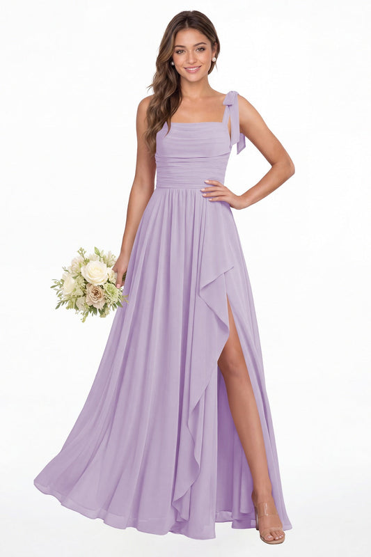 Lilac Square Neck Tie Strap Ruched Chiffon Ruffle Slit Maxi Gown - Front View