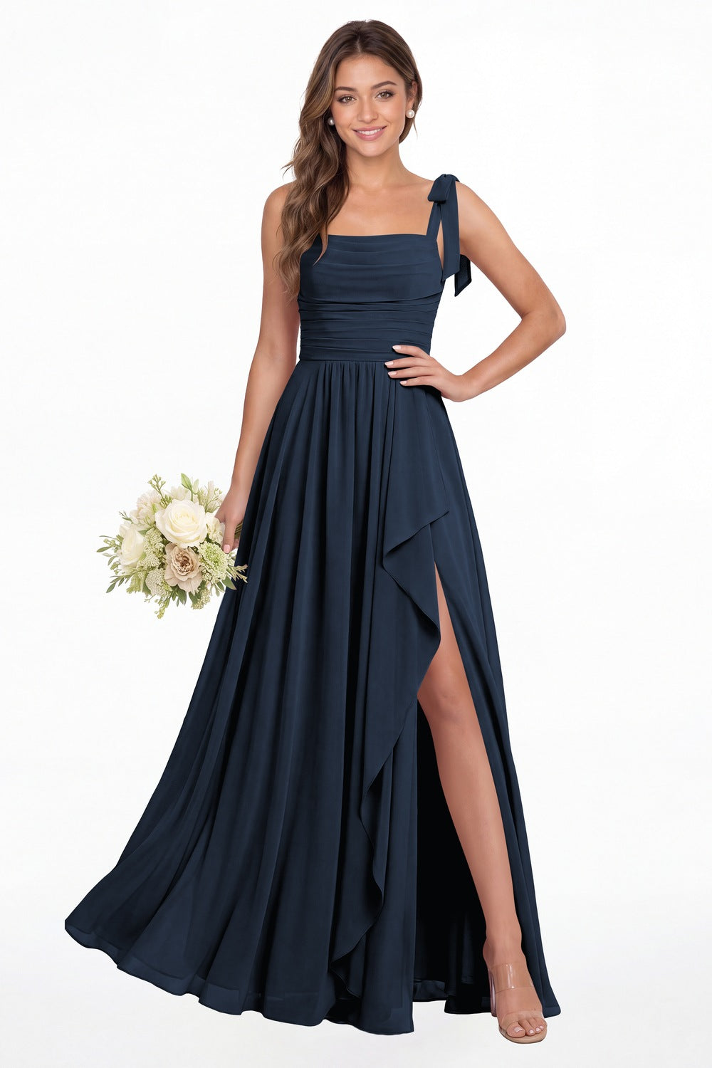 Navy Blue Square Neck Tie Strap Ruched Chiffon Ruffle Slit Maxi Gown - Front View