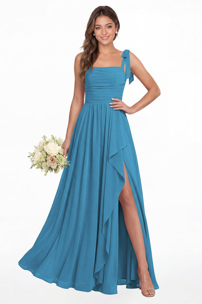 Ocean Blue Square Neck Tie Strap Ruched Chiffon Ruffle Slit Maxi Gown - Front View