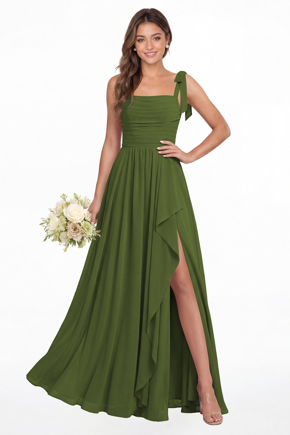 Olive Green Square Neck Tie Strap Ruched Chiffon Ruffle Slit Maxi Gown - Front View