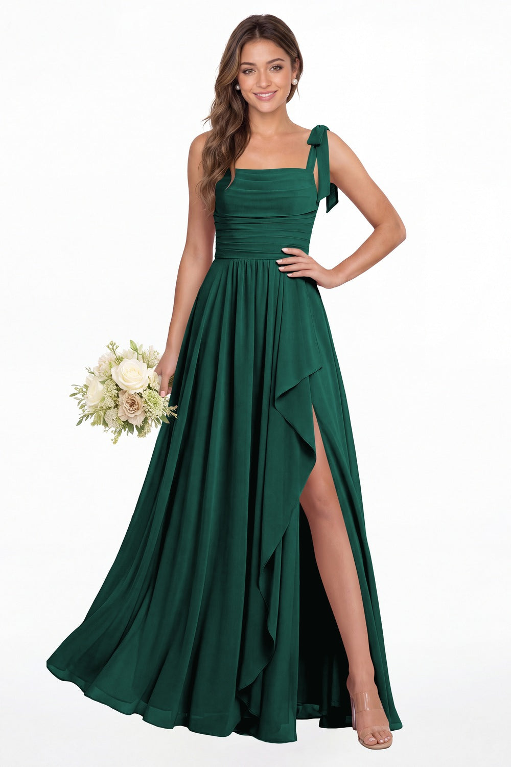 Peacock Square Neck Tie Strap Ruched Chiffon Ruffle Slit Maxi Gown - Front View