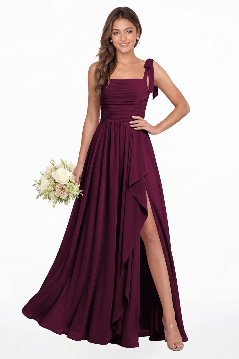 Plum Square Neck Tie Strap Ruched Chiffon Ruffle Slit Maxi Gown - Front View