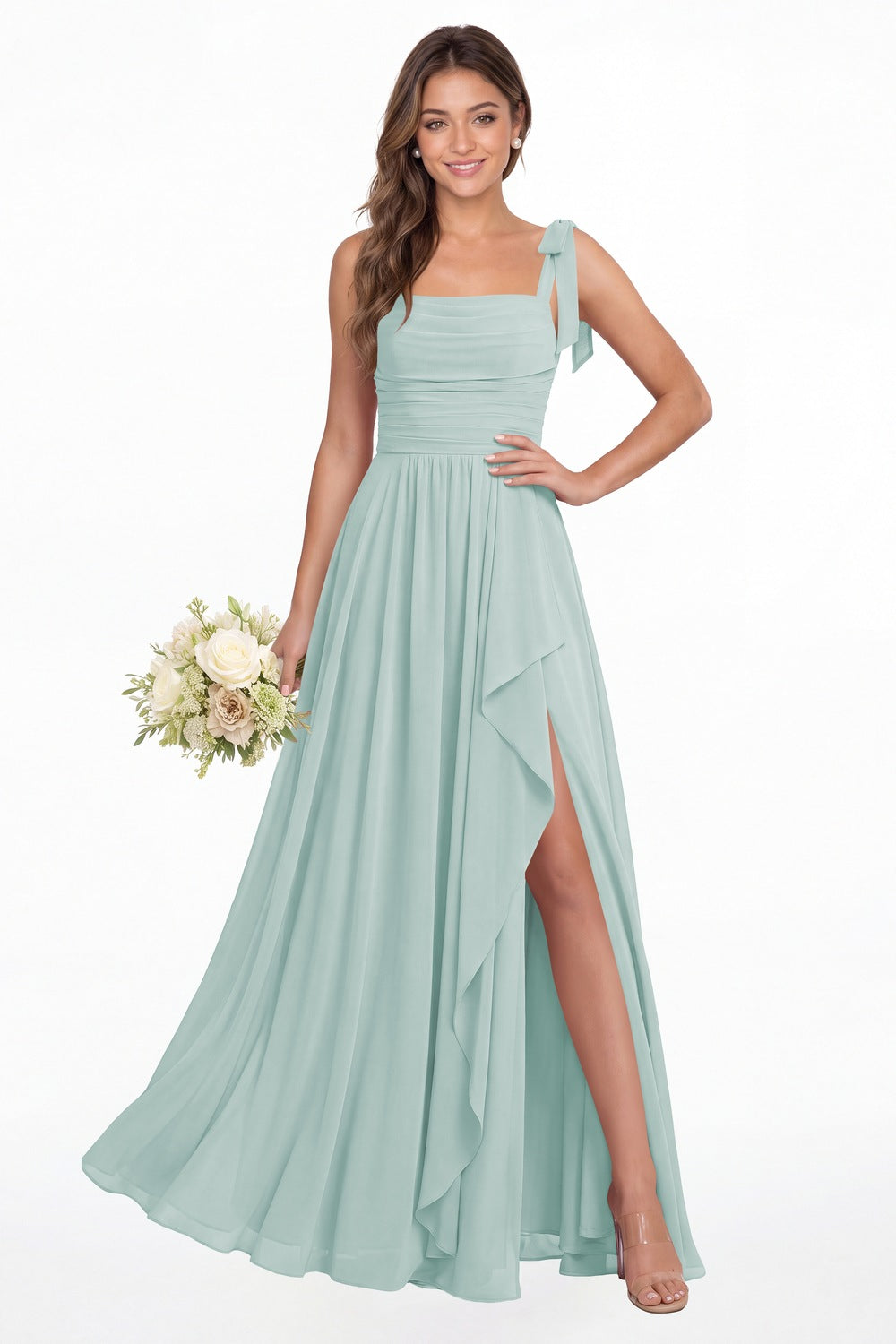 Powder Blue Square Neck Tie Strap Ruched Chiffon Ruffle Slit Maxi Gown - Front View