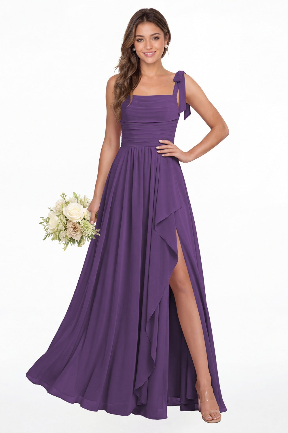 Purple Square Neck Tie Strap Ruched Chiffon Ruffle Slit Maxi Gown - Front View
