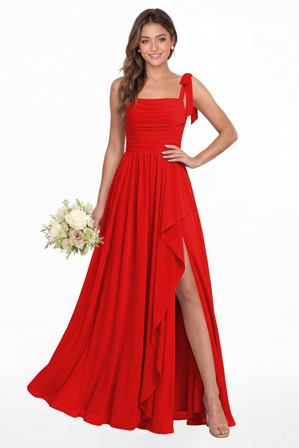 Red Square Neck Tie Strap Ruched Chiffon Ruffle Slit Maxi Gown - Front View