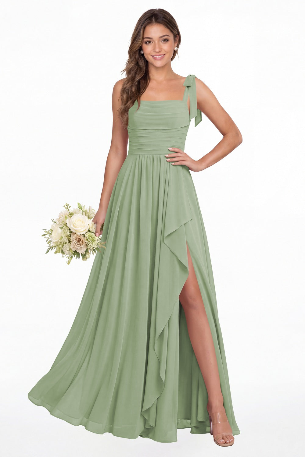 Sage Green Square Neck Tie Strap Ruched Chiffon Ruffle Slit Maxi Gown - Front View
